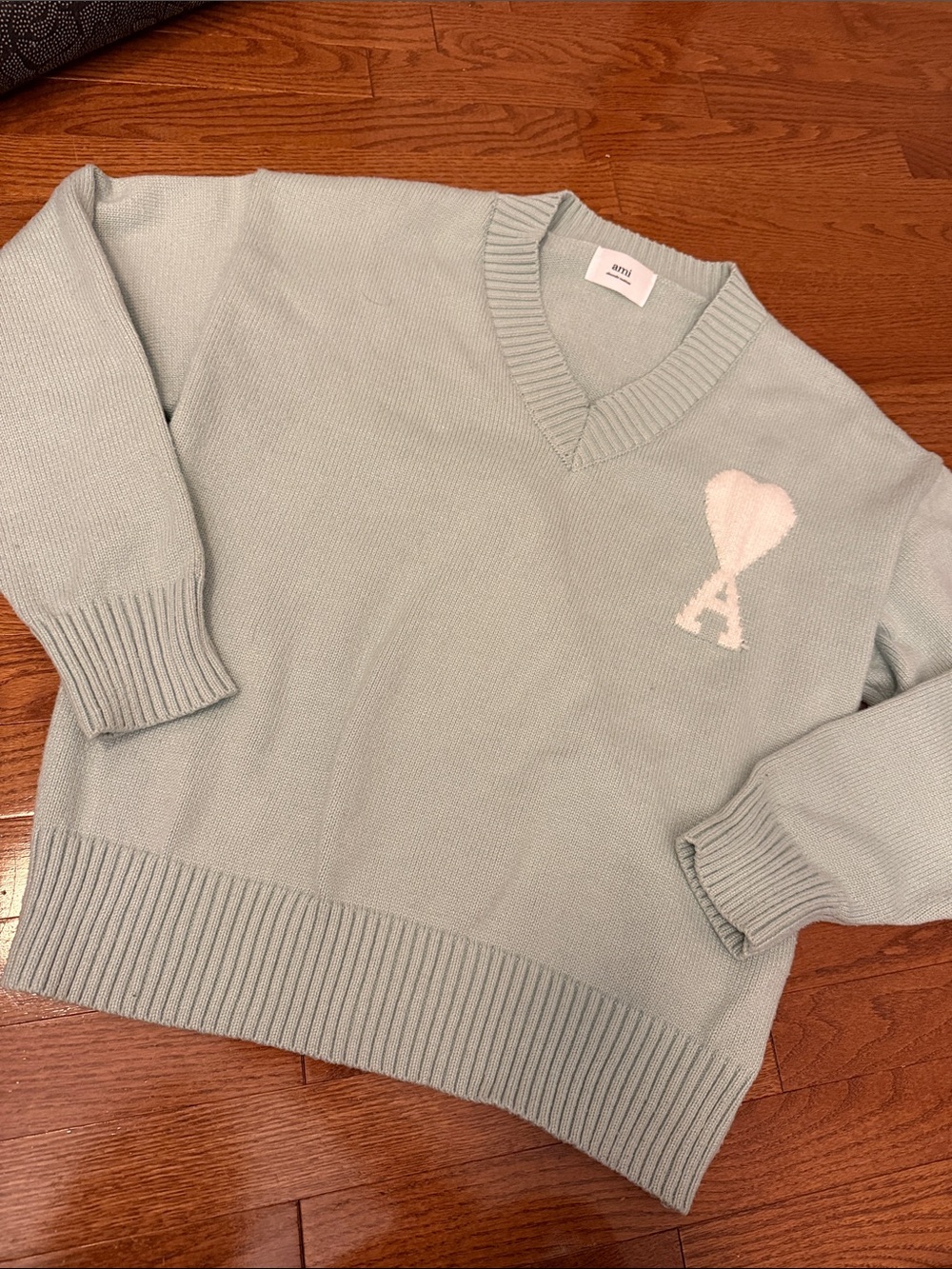 Ami alexander martiussi Mint Green V-Neck Sweater with White Heart A Logo m